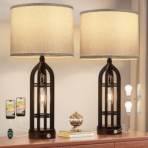 Table Lamps for Living Room Set of 2 - Black Bedside Lamp for Bedroom