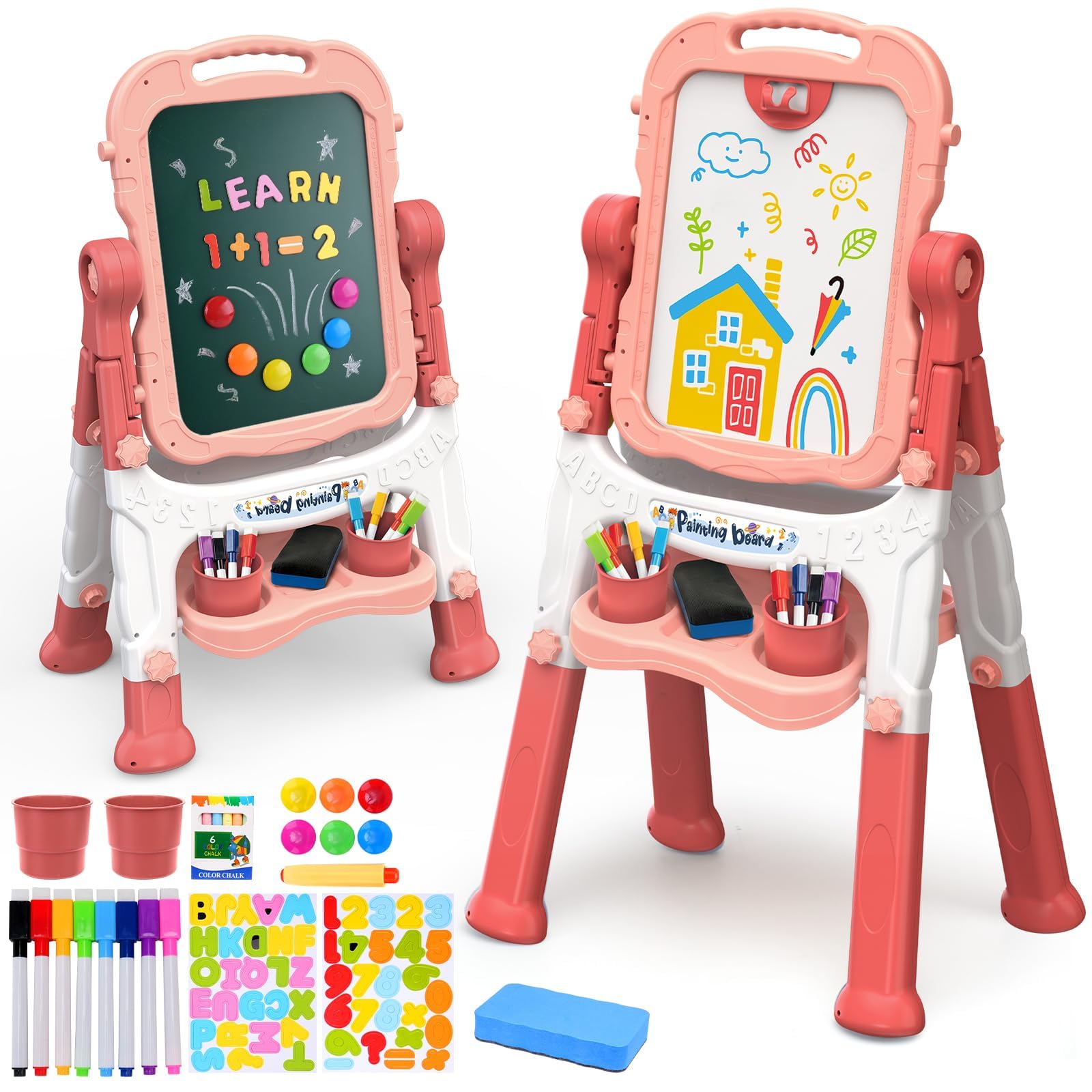 AuntyFey Easel for Kids, Toddler Easel, Double-Sided Chalk Board Kid, White Board, Kid Art Easel, Art Easel Age 4-8, Christmas Gift, Pink&Purple, Red&Pink
