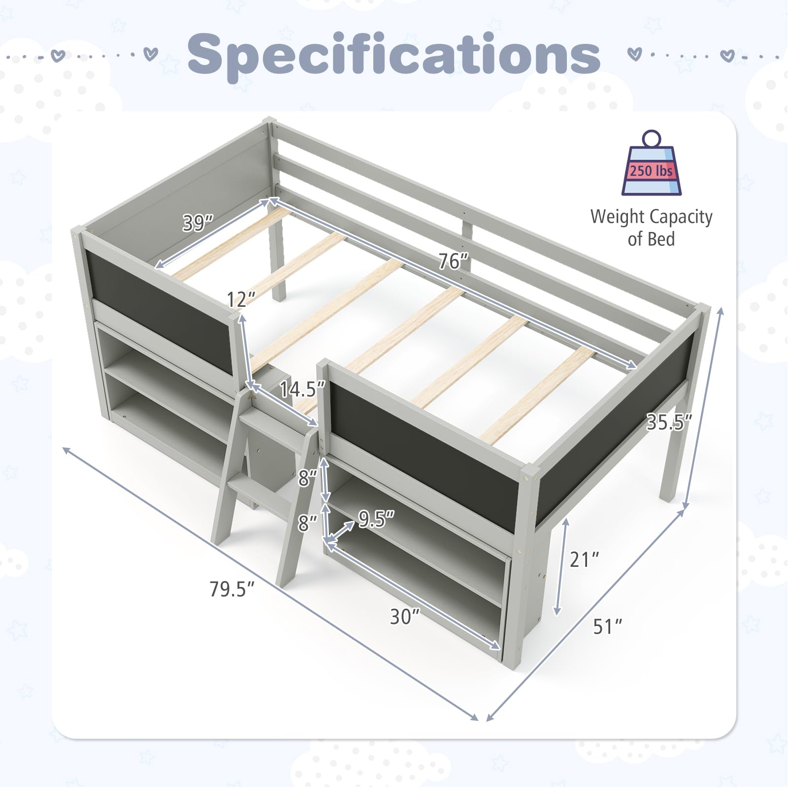 Twin Low Loft Bed with Chalkboard and Storage