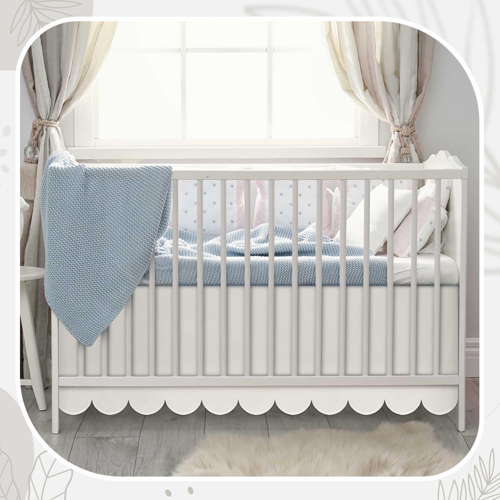 Hahafelt Scalloped Crib Skirt 28"x 52" with Drop Pleated Dust Ruffle with Split Corners for Baby Boys Girls Soft 4-Sided Crib Bed Skirt Nursery Standard Toddler Bedding(14" Drop,Beige)