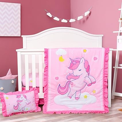 Crib Bedding Set for Girls - Pink Baby Nursery Sets 3 Pieces Quilt Comforter