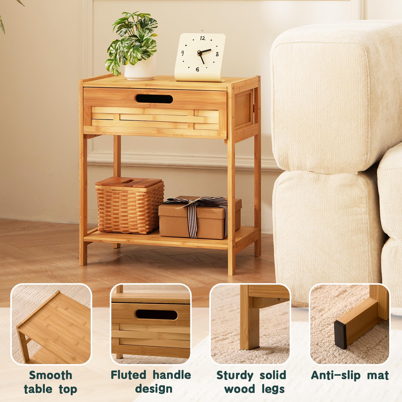 Bamboo Nightstand with Drawer and Storage Shelves