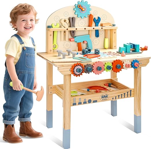 Tool Bench,Wooden Play Tools Set with Kids Tool Belt Toddlers
