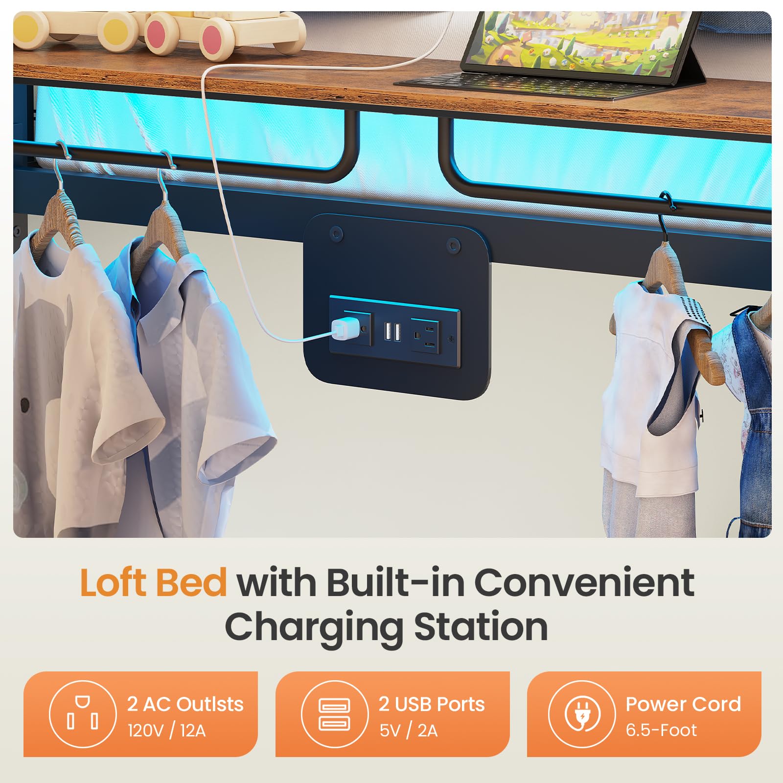 Metal Bunk Bed Twin Over Twin with Storage Drawers and LED Lights