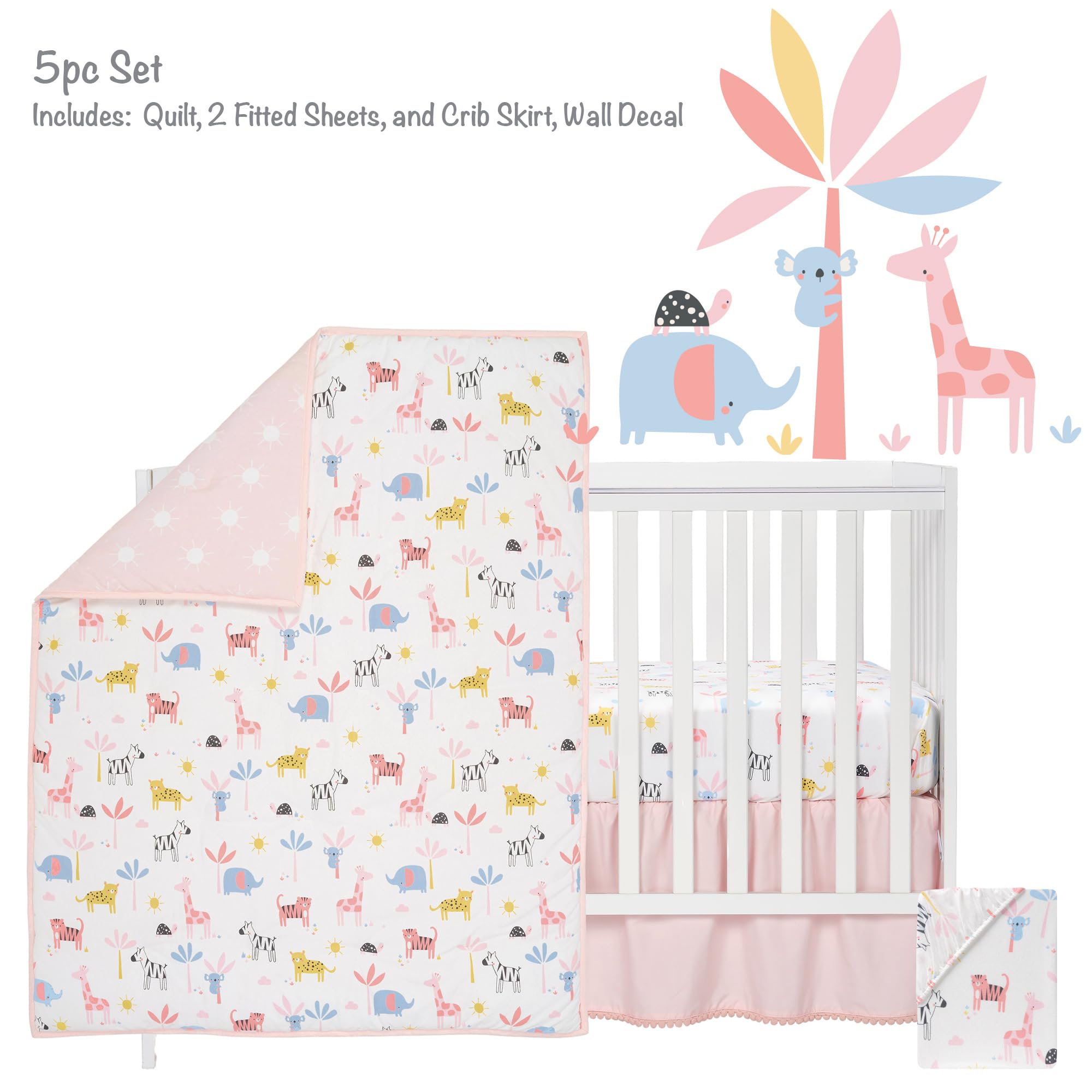 5-Piece Crib Bedding Set - Pastel Safari Animals