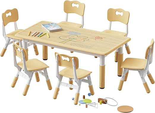 Table and 6 Chairs Set, Height Adjustable Toddler Desk and Chair Set