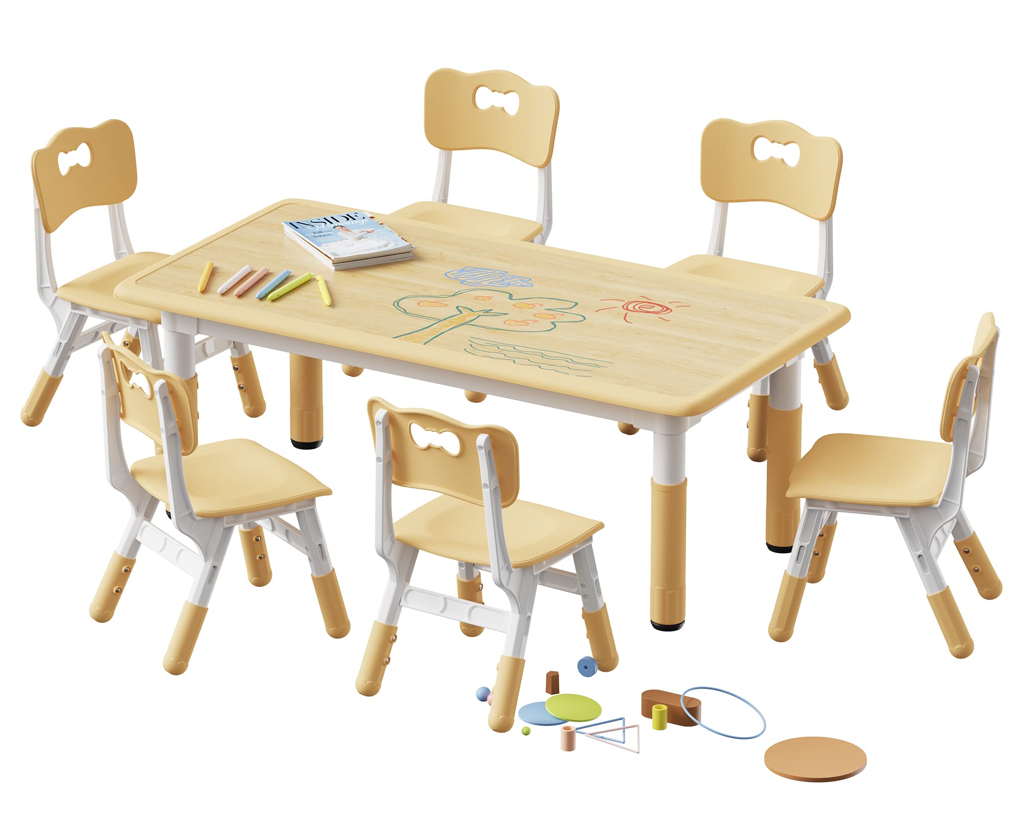 Table and 6 Chairs Set, Height Adjustable Toddler Desk and Chair Set