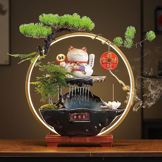 Tabletop Waterfall Fountain with Chinese Ceramic Lucky Cat