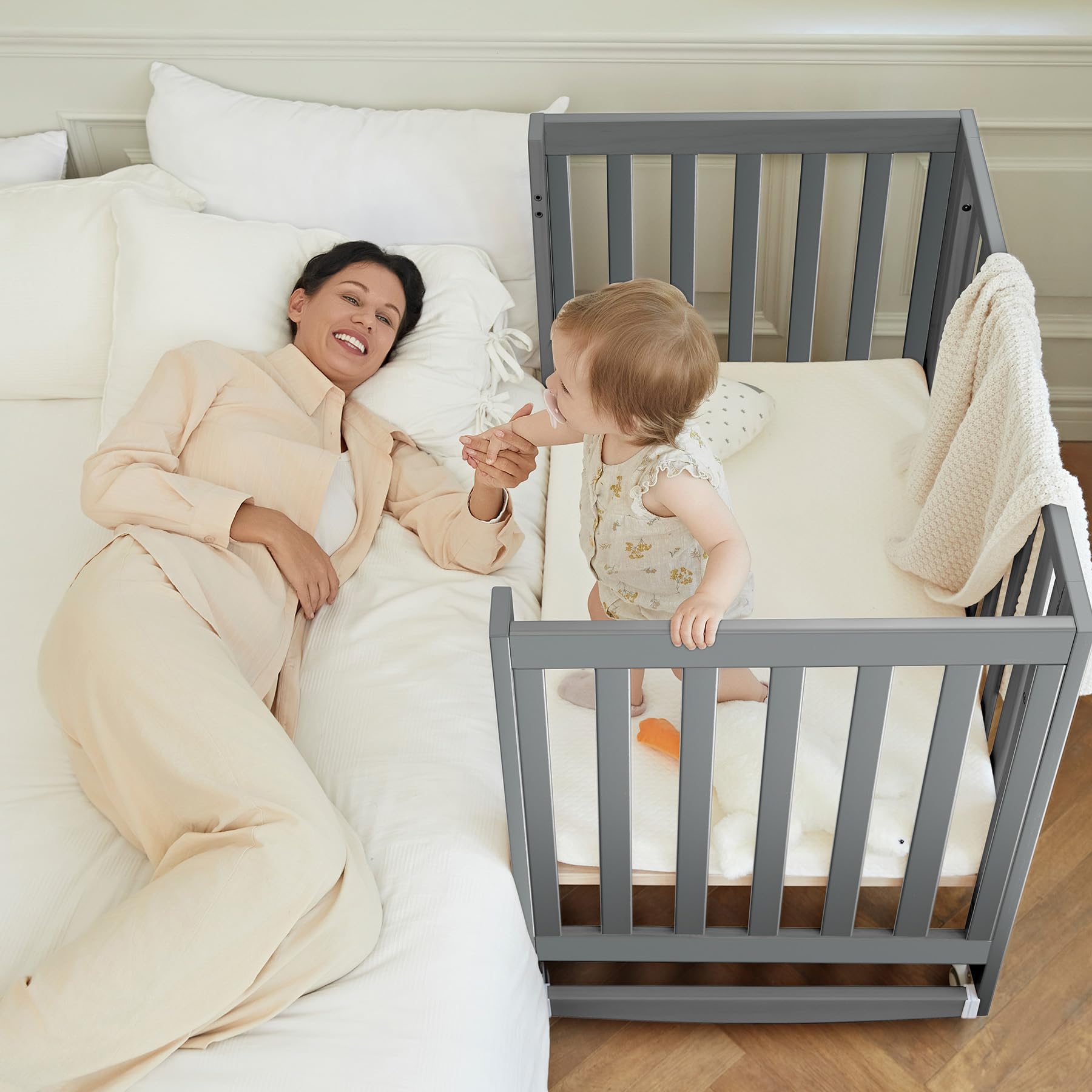 Baby Crib, 6 in 1 Convertible Mini Crib with Wheels, 100% New Zealand