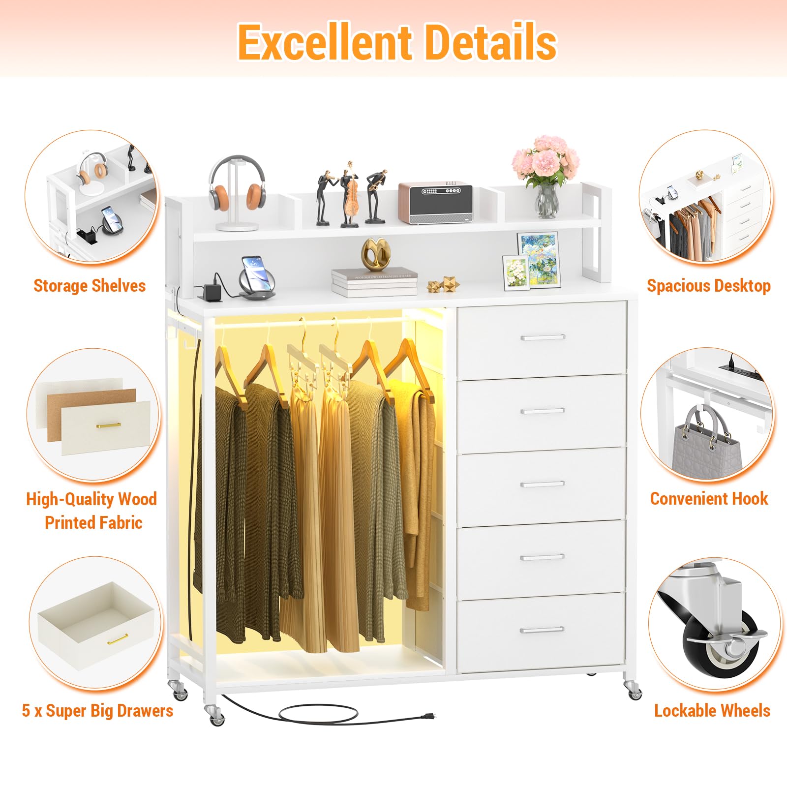 5 Drawer Dresser with Clothes Rack and Charging Station