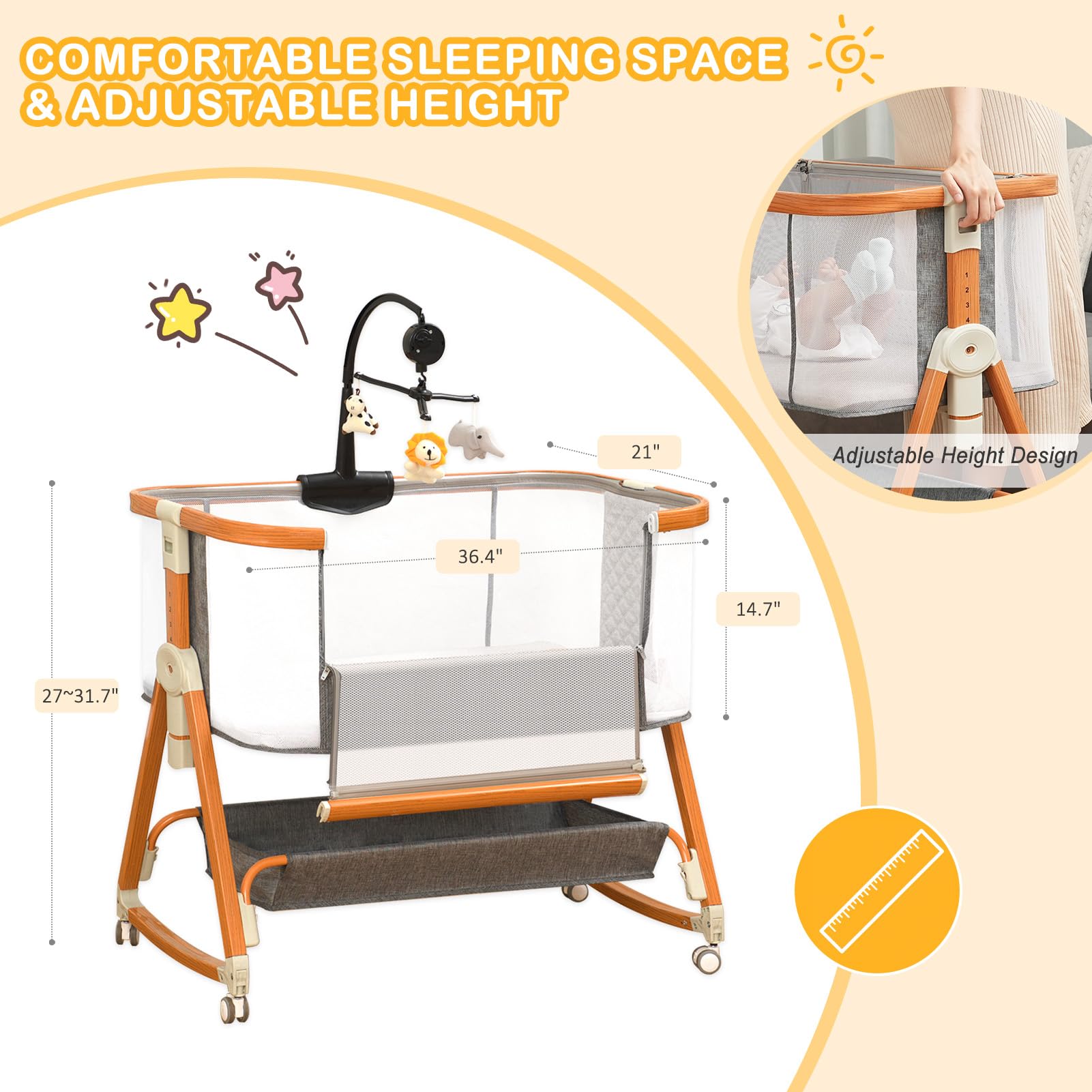 Adjustable Bedside Bassinet with Musical Toys