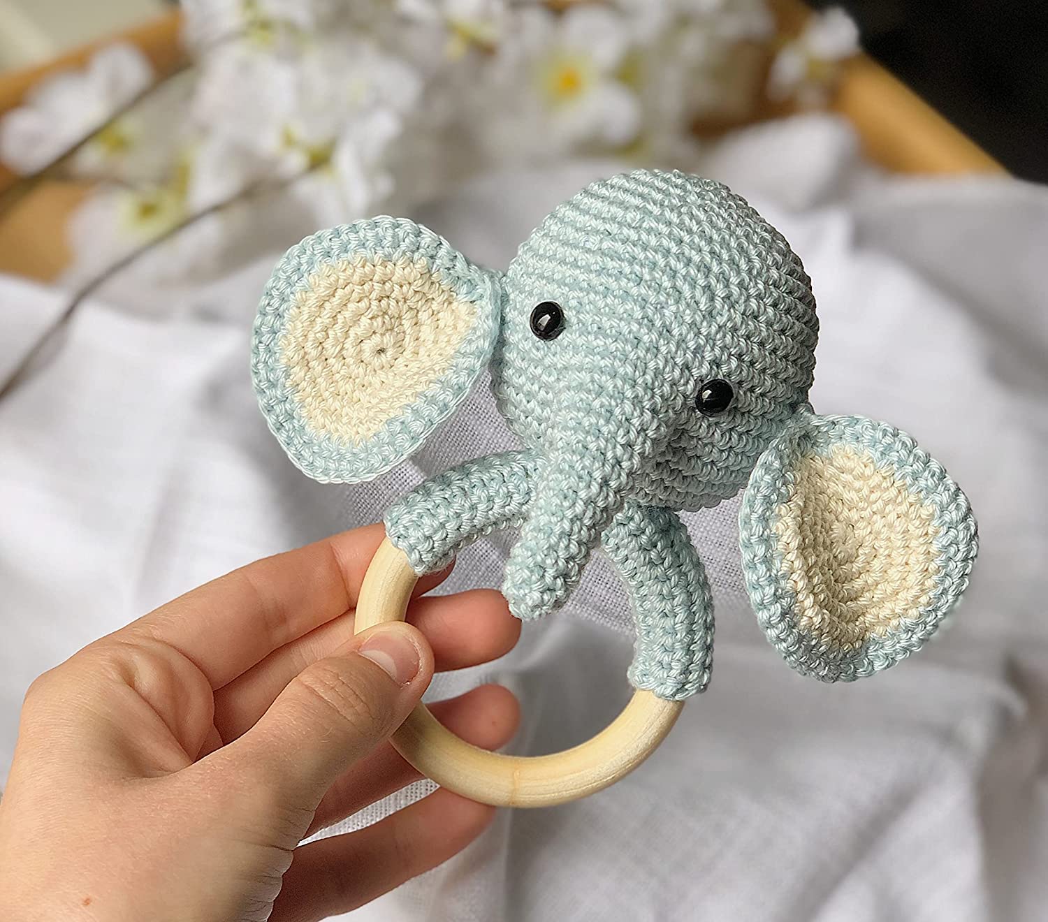 Cotton Crochet Rattle Toy Elephant Toys Animal Plushie Toy Teether Toy Nursery Organic Gift