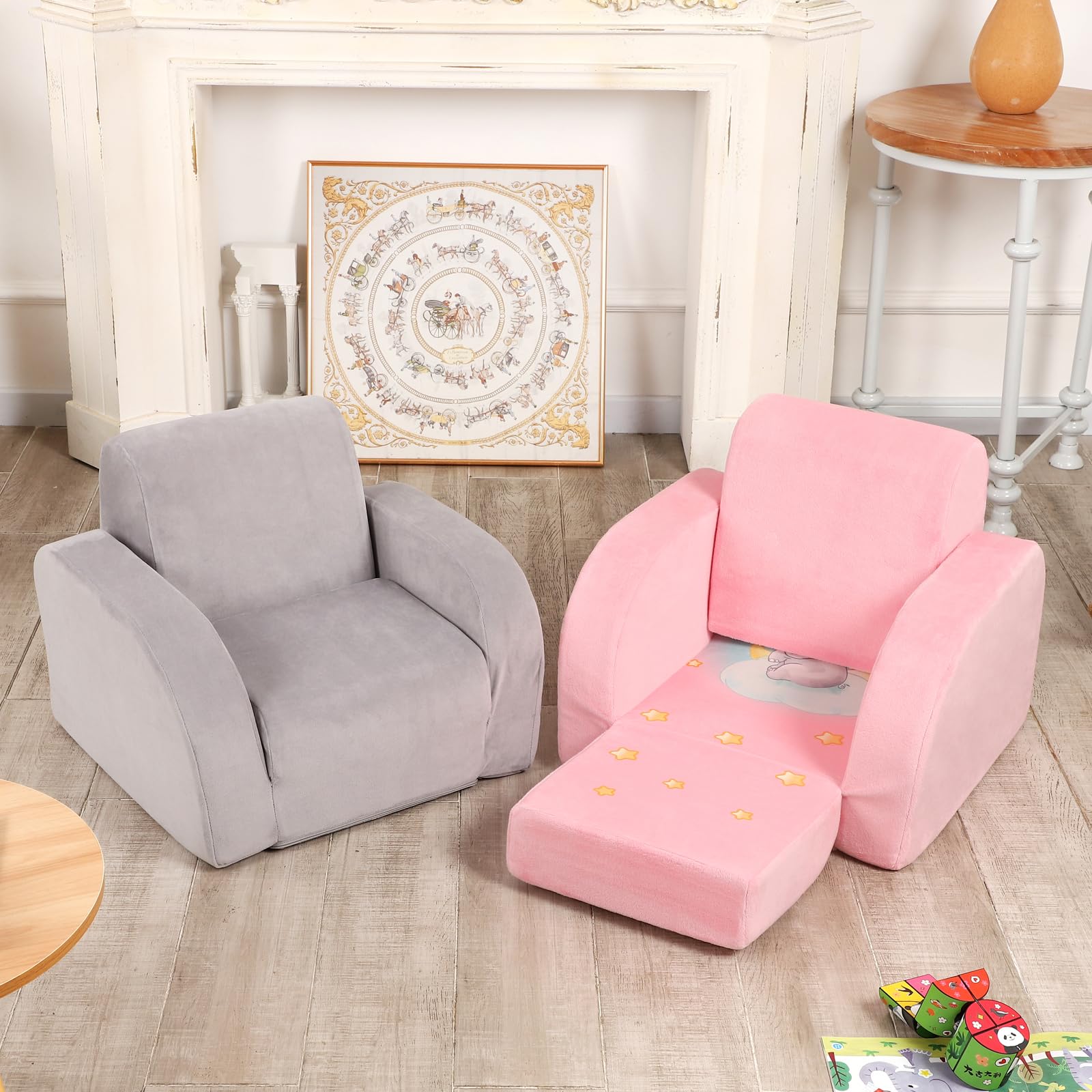 Elephant Printed Kids Sofa, 3-in-1 Convertible Flip Open Toddler Couch