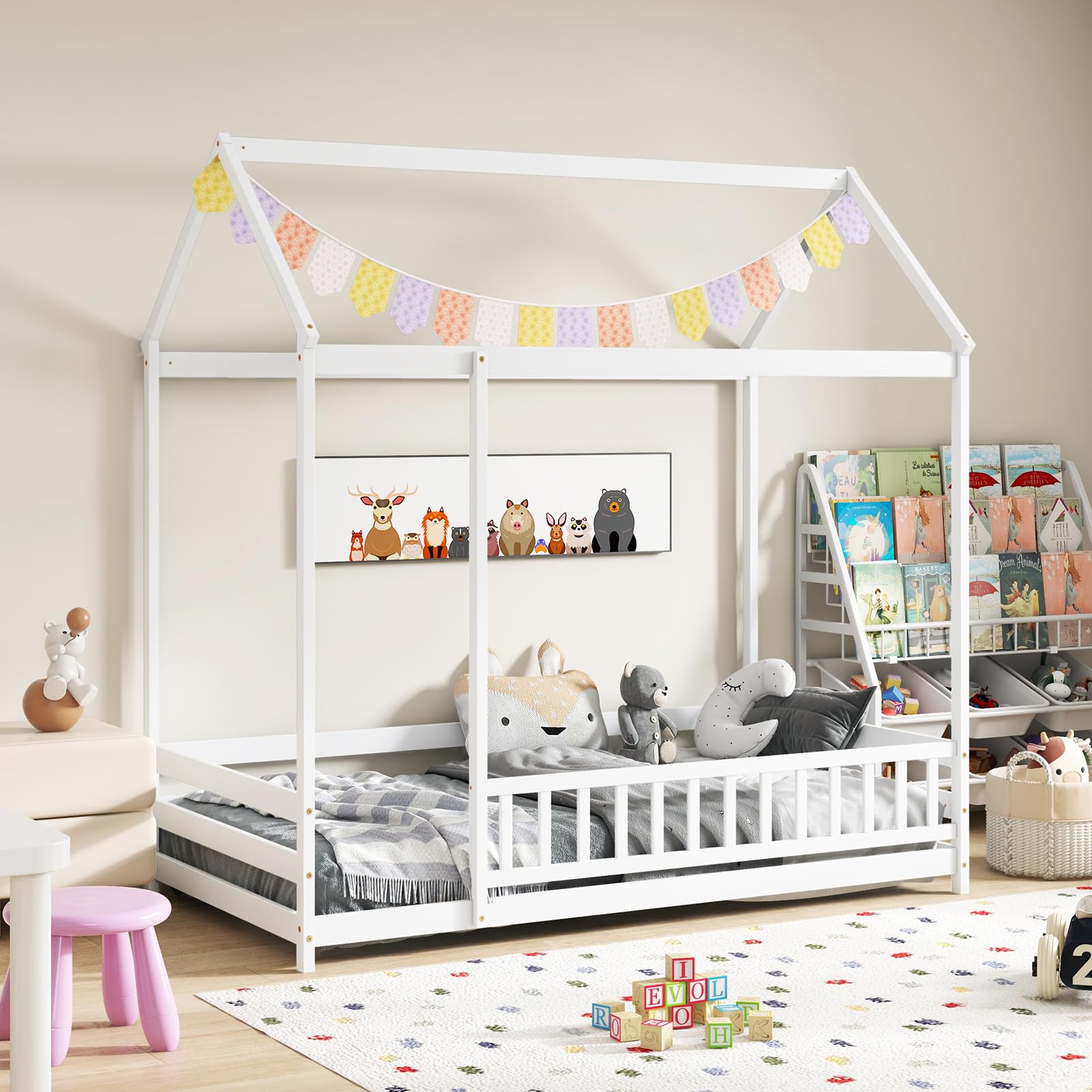 Twin Size Floor House Bed, Wooden Montessori Bed