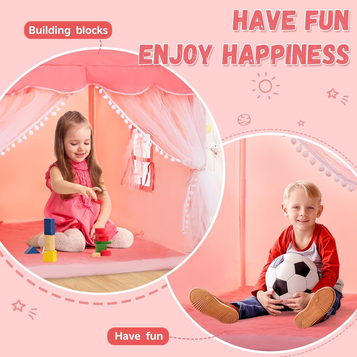 Kids Play Tent with Star Lights and Padded Mat - Light Pink