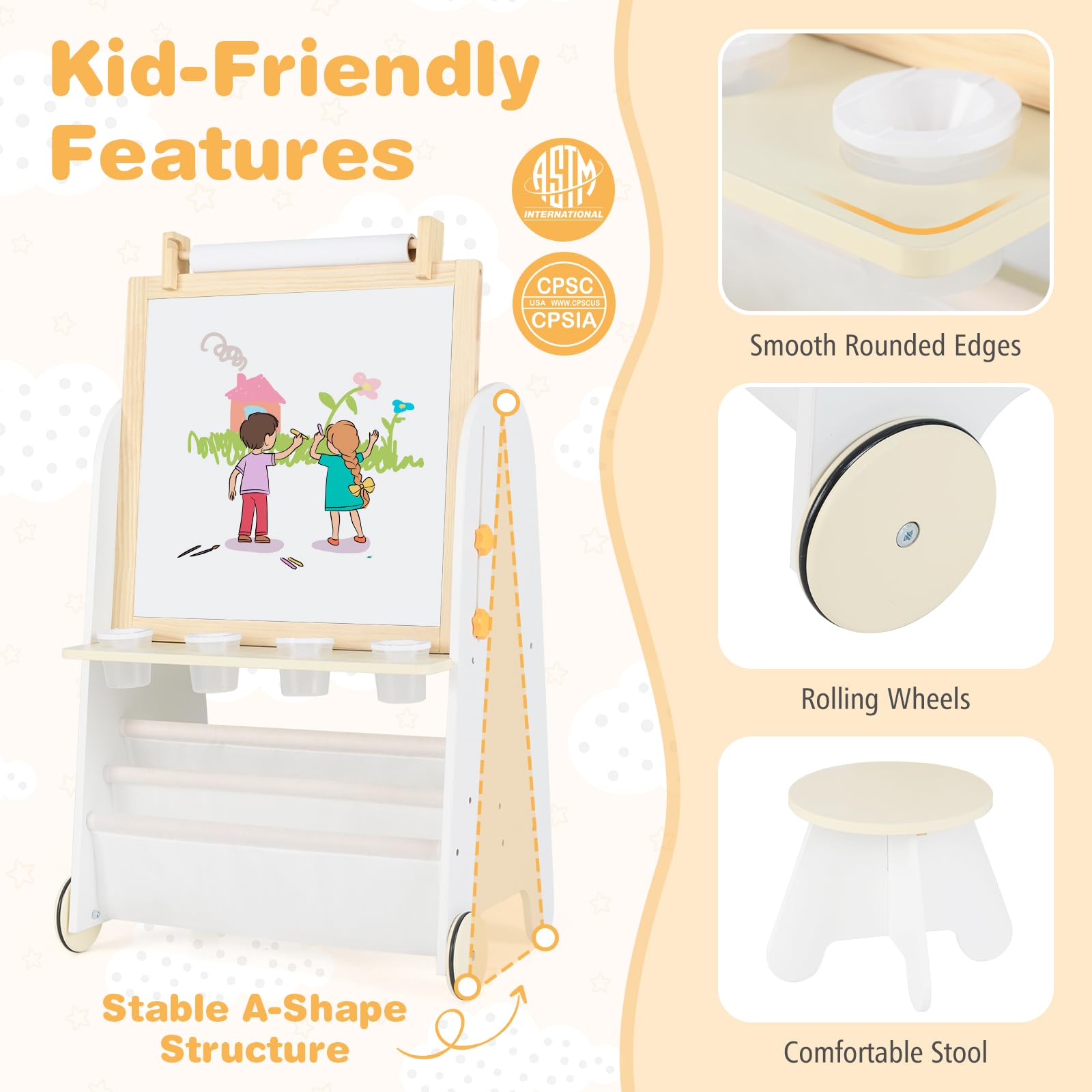 Costzon Easel for Kids, 4 in 1 Toddler Activity Table & Stool Set with Magnetic Whiteboard, Chalk Board, Paper Roll, Art Supplies, Large Desktop and Bookshelves, Kids Art Easel for Boys Girls (Beige)