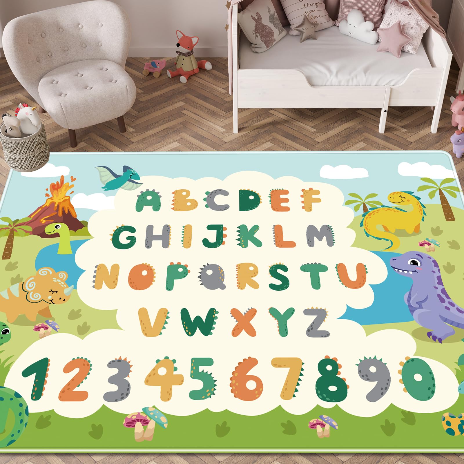 Kid Rug for Playroom,59 X 39.3 Inch Dinosaur Kids Play Mat ABC Classroom Rugs
