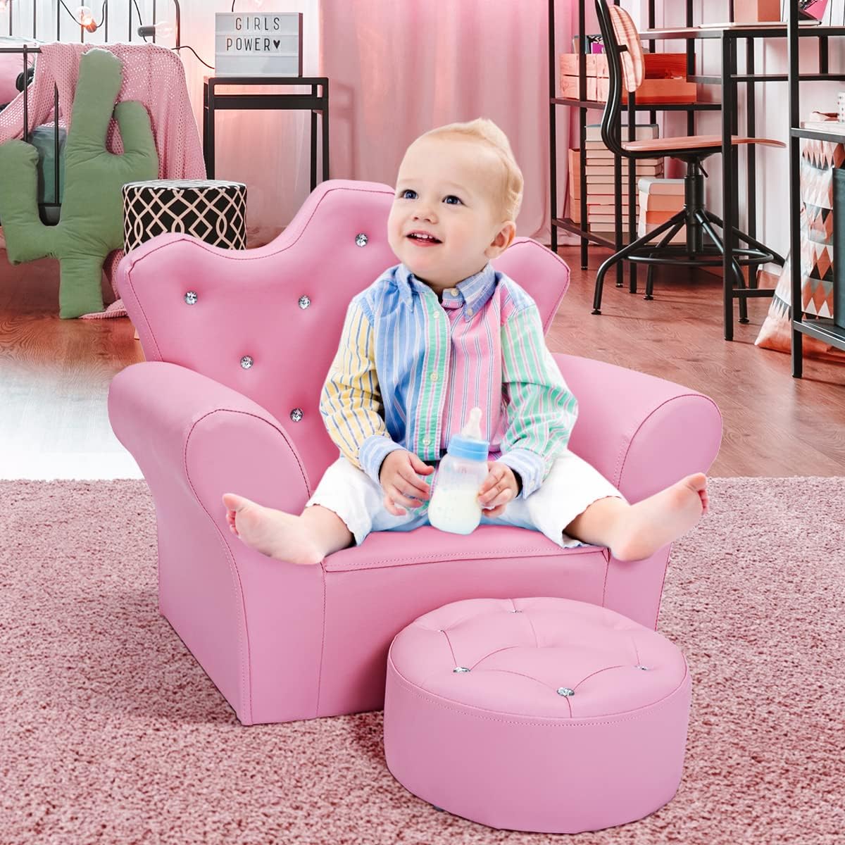 Kids Sofa, Children Upholstered Sofa with Ottoman, Princess Sofa