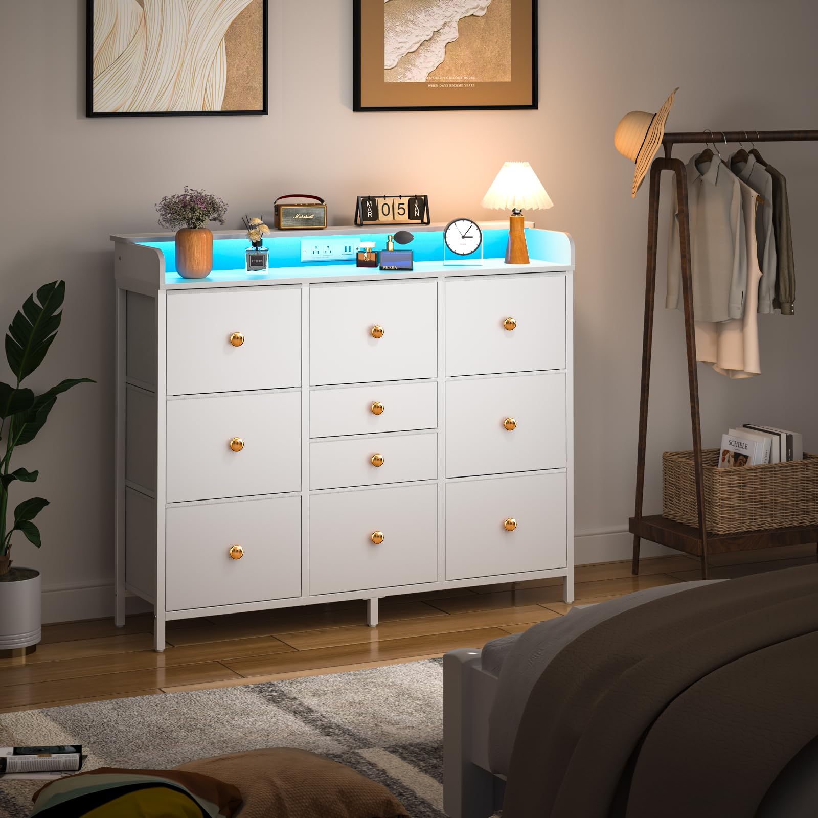 10-Drawer Dresser with Charging Station and LED Lights