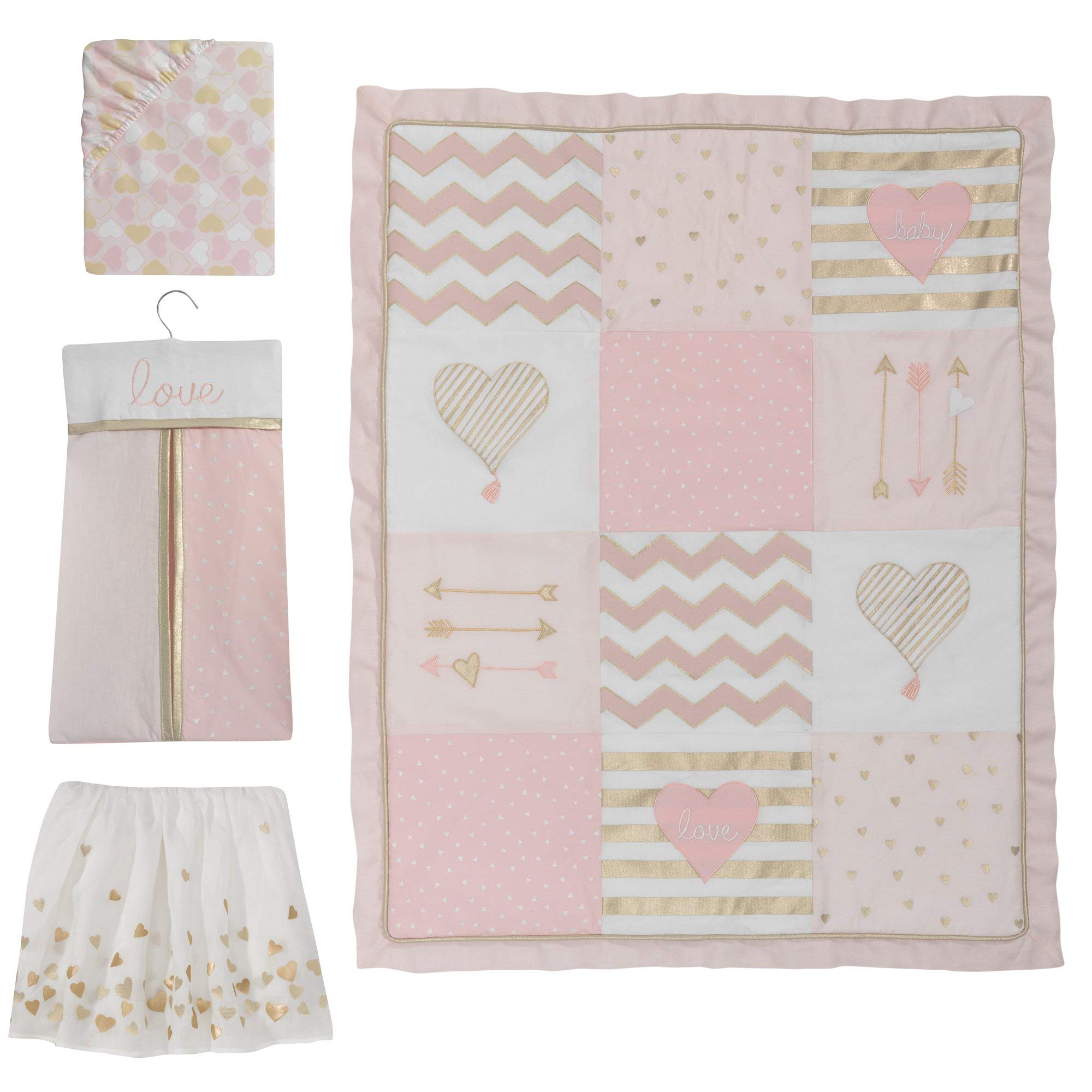 4-Piece Crib Bedding Set Pink Gold Heart