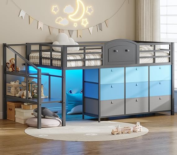 Low Loft Bed Twin Size with 9 Storage Drawers and LED Lights