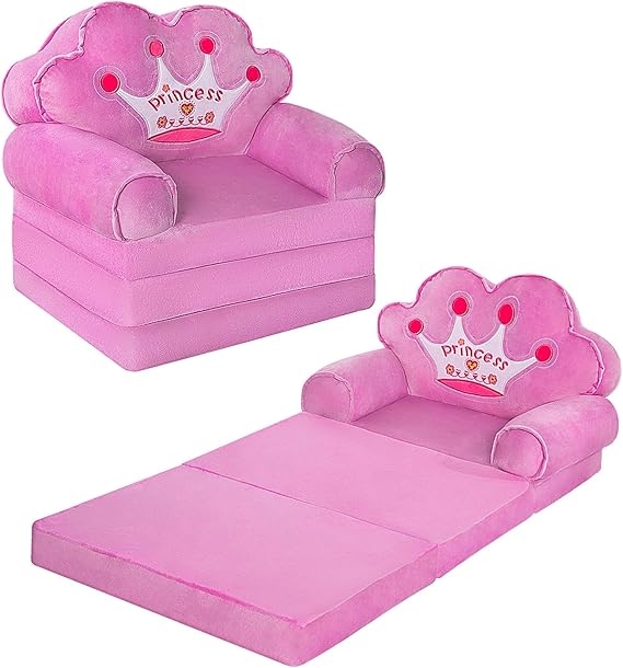 Kids Couch Fold Out, Foldable Princess Chair for Toddlers 1-3