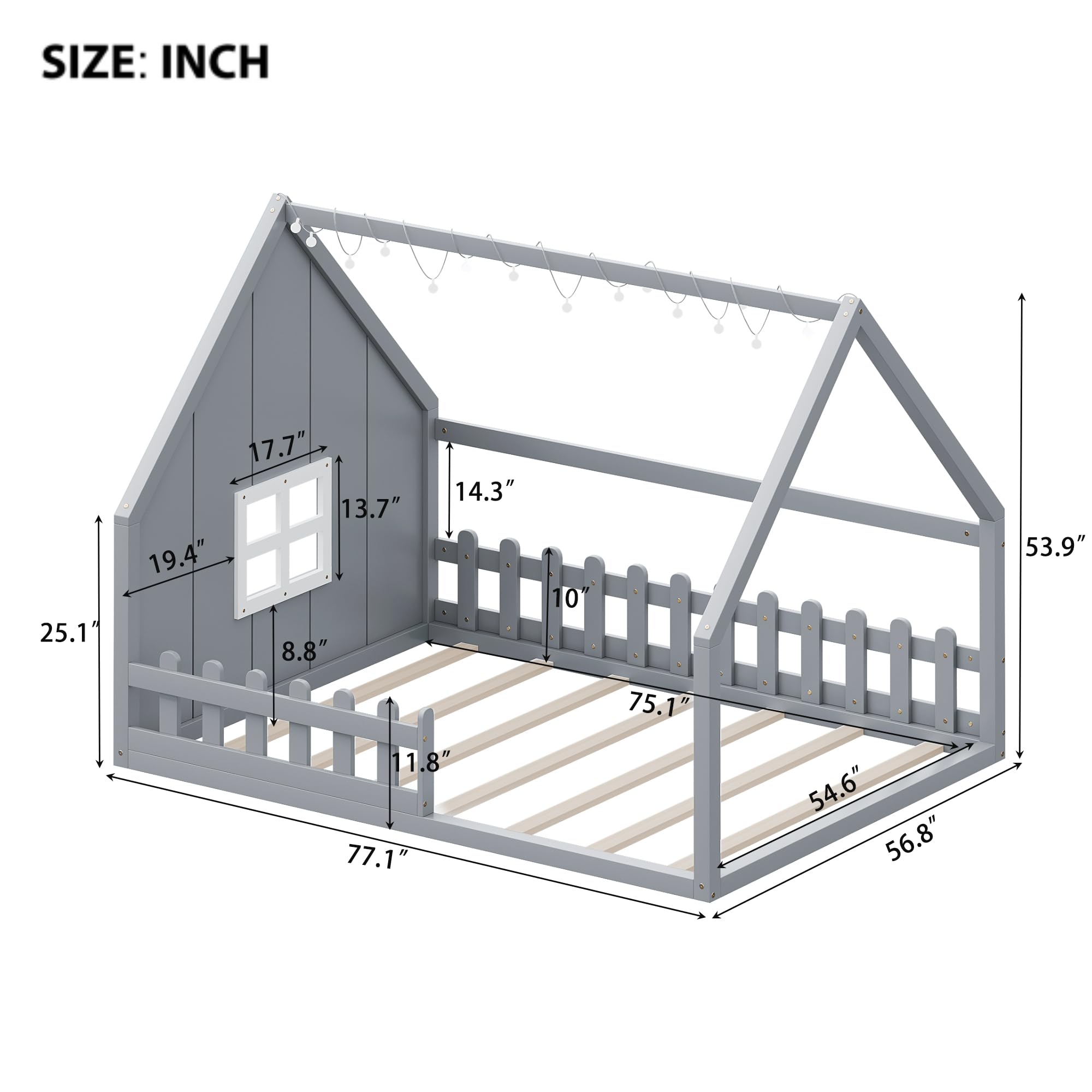 Full Size Montessori House Bed for Kids with LED Light