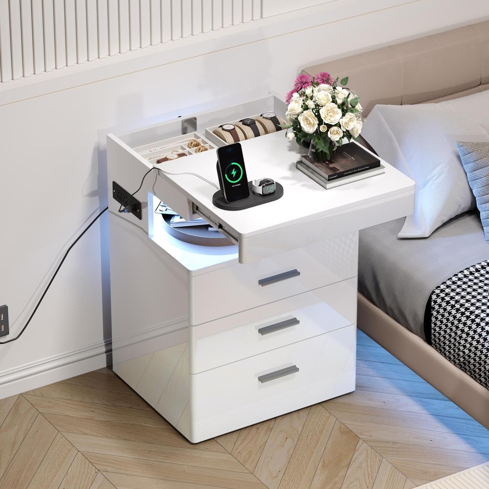 LED Nightstand with Charging Station and Hidden Storage