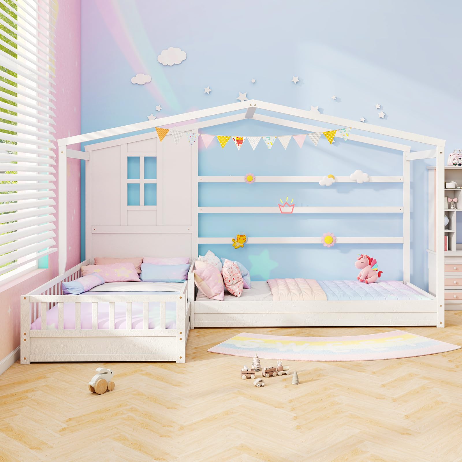 MAT EXPERT L Shaped Twin Beds for 2 Kids, Wooden House Platform Bed w/Window & Roof, Fence & Slats, Corner Montessori Bed Frame for Boys Girls Teens, Dorm Bedroom, No Box Spring Needed (White)