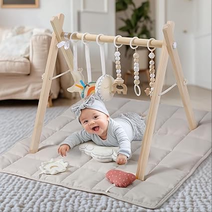 Wooden Baby Gym with 6 Gym Toys, Foldable Baby Play Gym