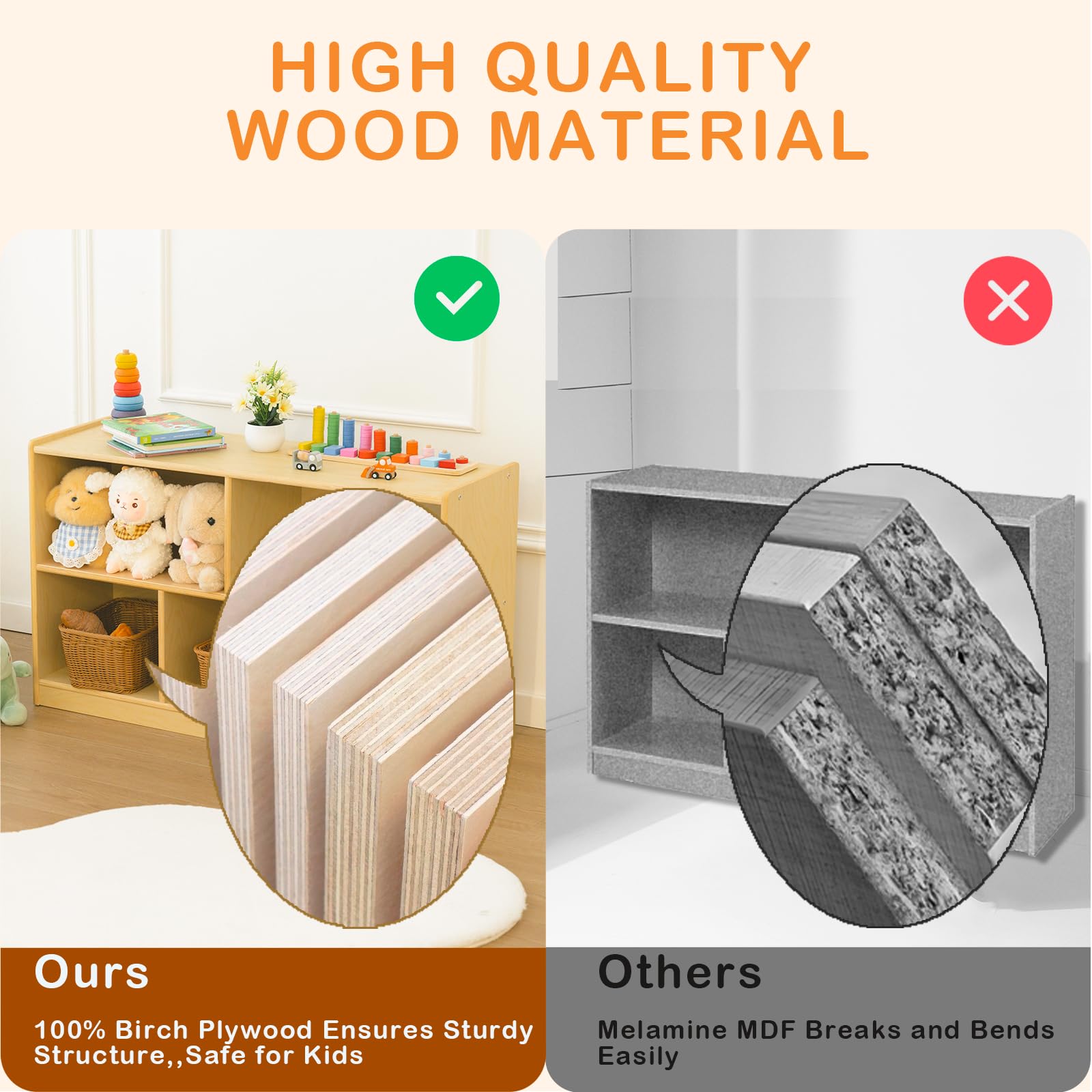 Wooden Montessori Bookshelf with Toy Storage Cubbies