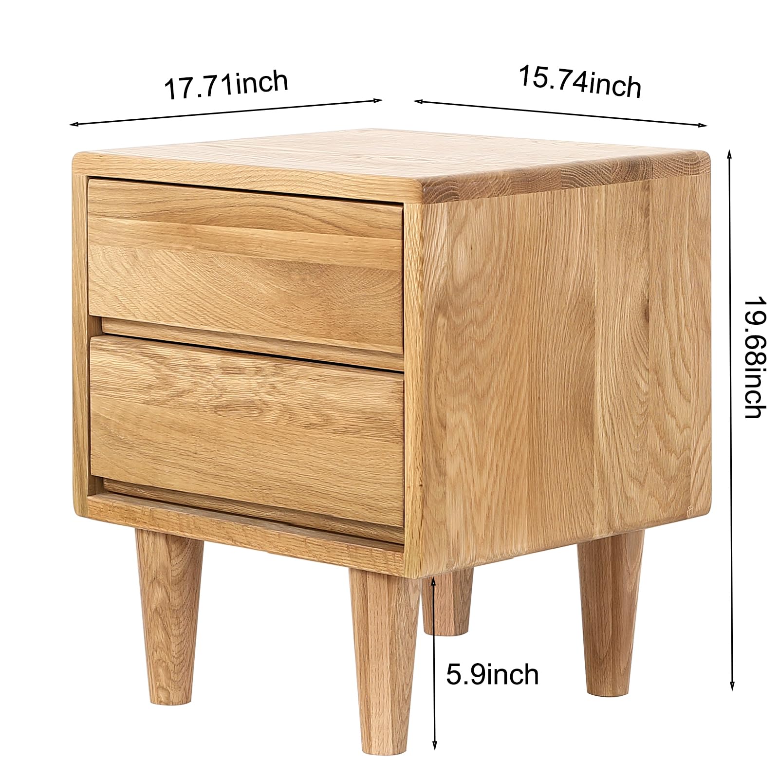 Solid Oak Wood Nightstand with 2 Drawers - Natural Bedside Table