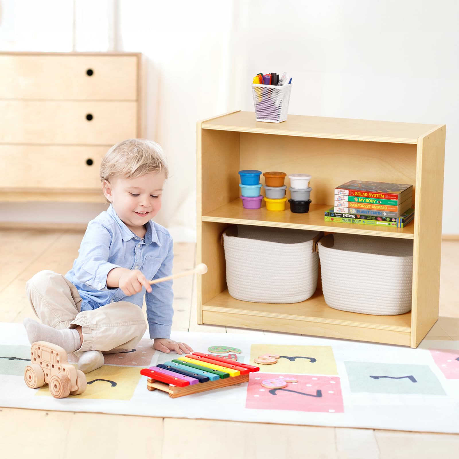 2-Tier Wooden Montessori Storage Shelf for Kids