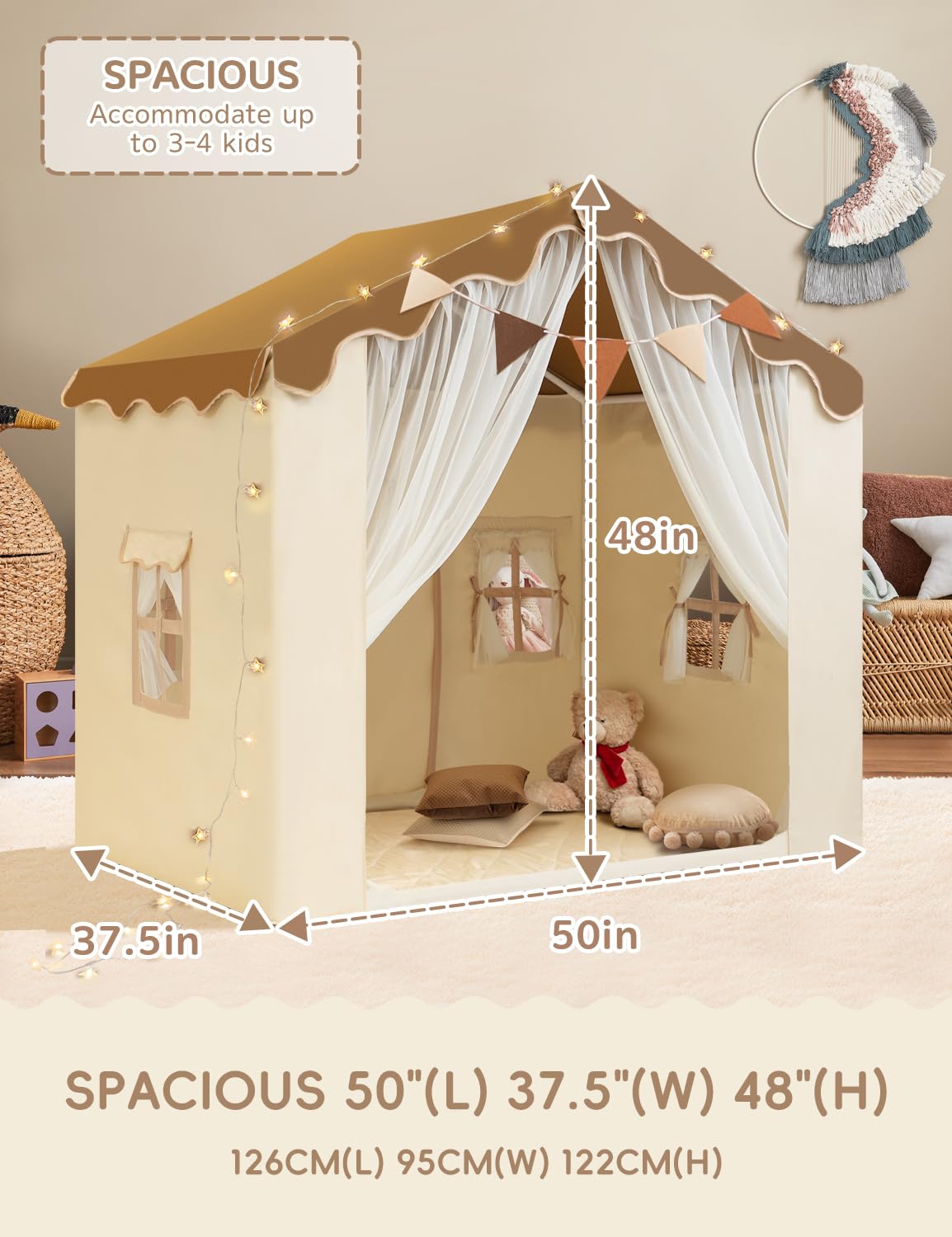 WIRHAO Kids Tent with Padded Mat Kids Playhouse Tent 2 in 1, Play Tent Large Space Indoor with 2 Doors and 4 Windows for Girls Boys with Stars Lights, Carry Bag, Banner Flag (Brown, 2 in 1)