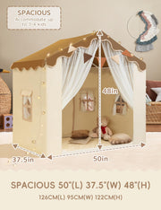WIRHAO Kids Tent with Padded Mat Kids Playhouse Tent 2 in 1, Play Tent Large Space Indoor with 2 Doors and 4 Windows for Girls Boys with Stars Lights, Carry Bag, Banner Flag (Brown, 2 in 1)