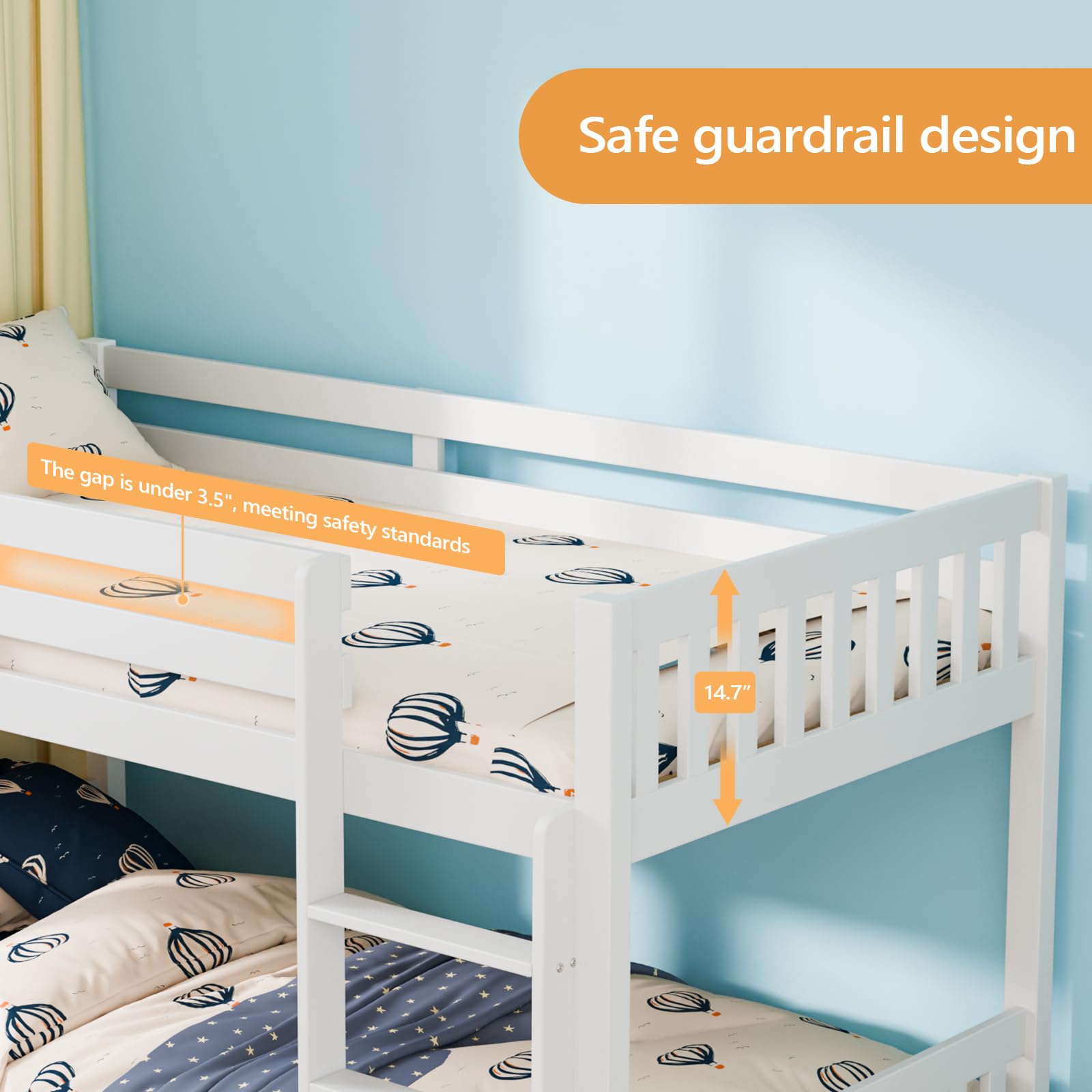 Twin Over Twin Bunk Bed with Guardrails and Ladder