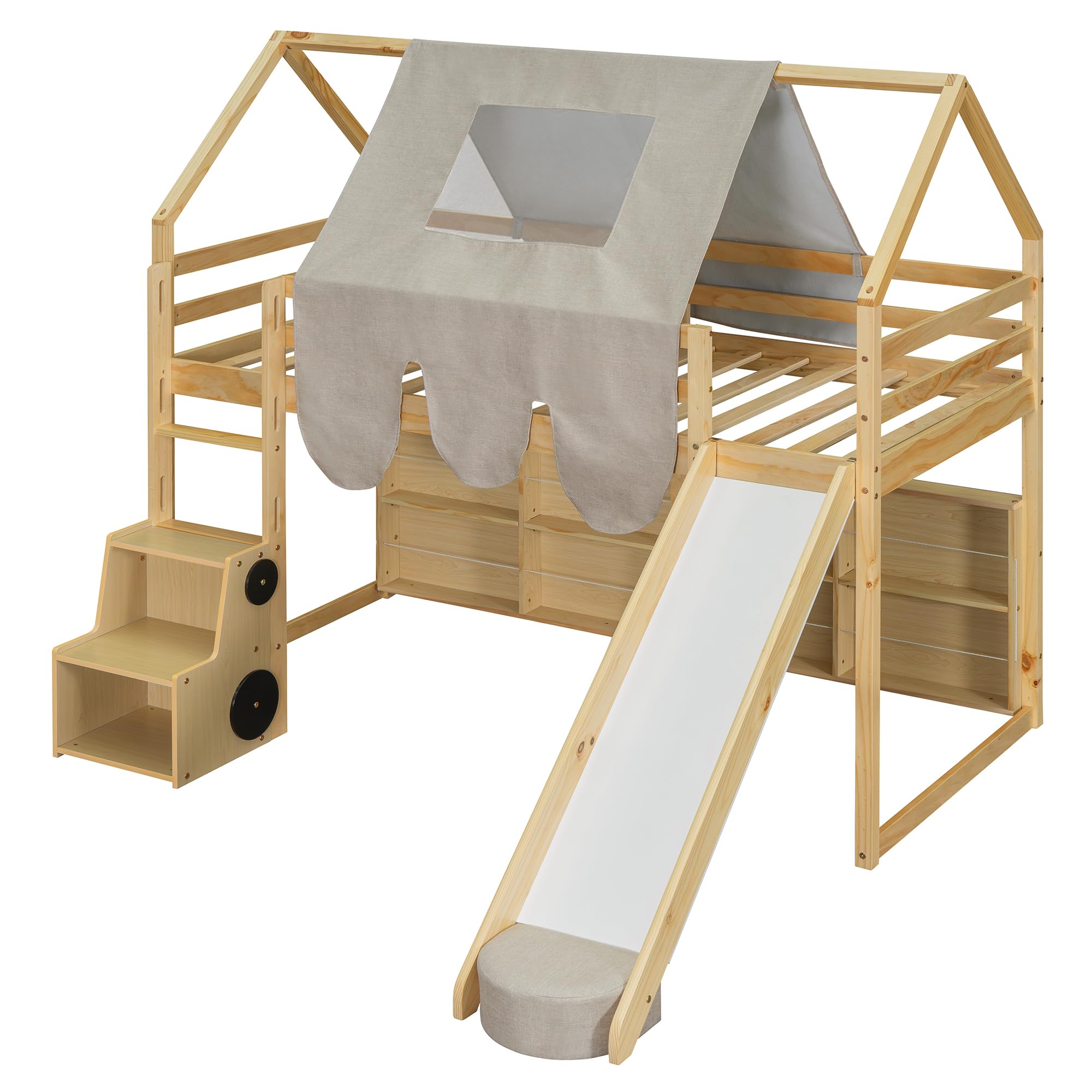 Twin Size Loft Bed with Slide, Wooden Twin House-Shaped Frame with Ladder