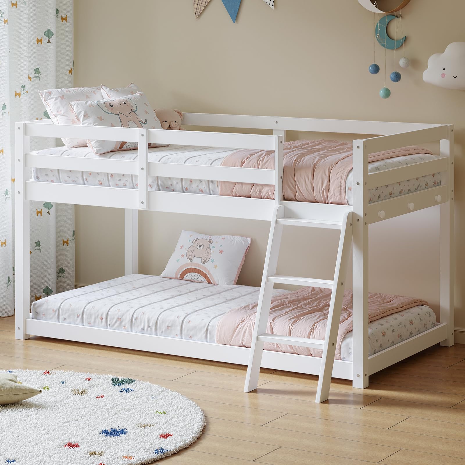 Low Bunk Bed with Guardrail and LED Light, Floor Toddler Bunk Bed Twin Over Twin