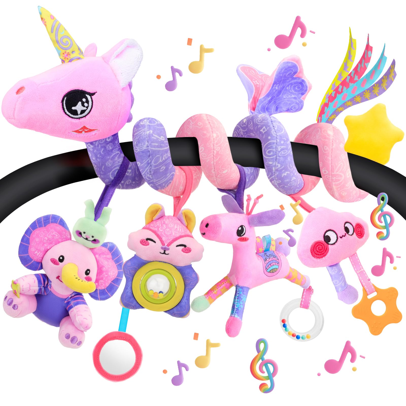 Car Seat Toy for Babies 0-12 Months Girl, 5-in-1 Sensory Activity Hanging Toy
