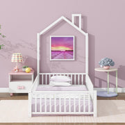 Metal House-Shaped Floor Bed Frame with Safety Guardrails