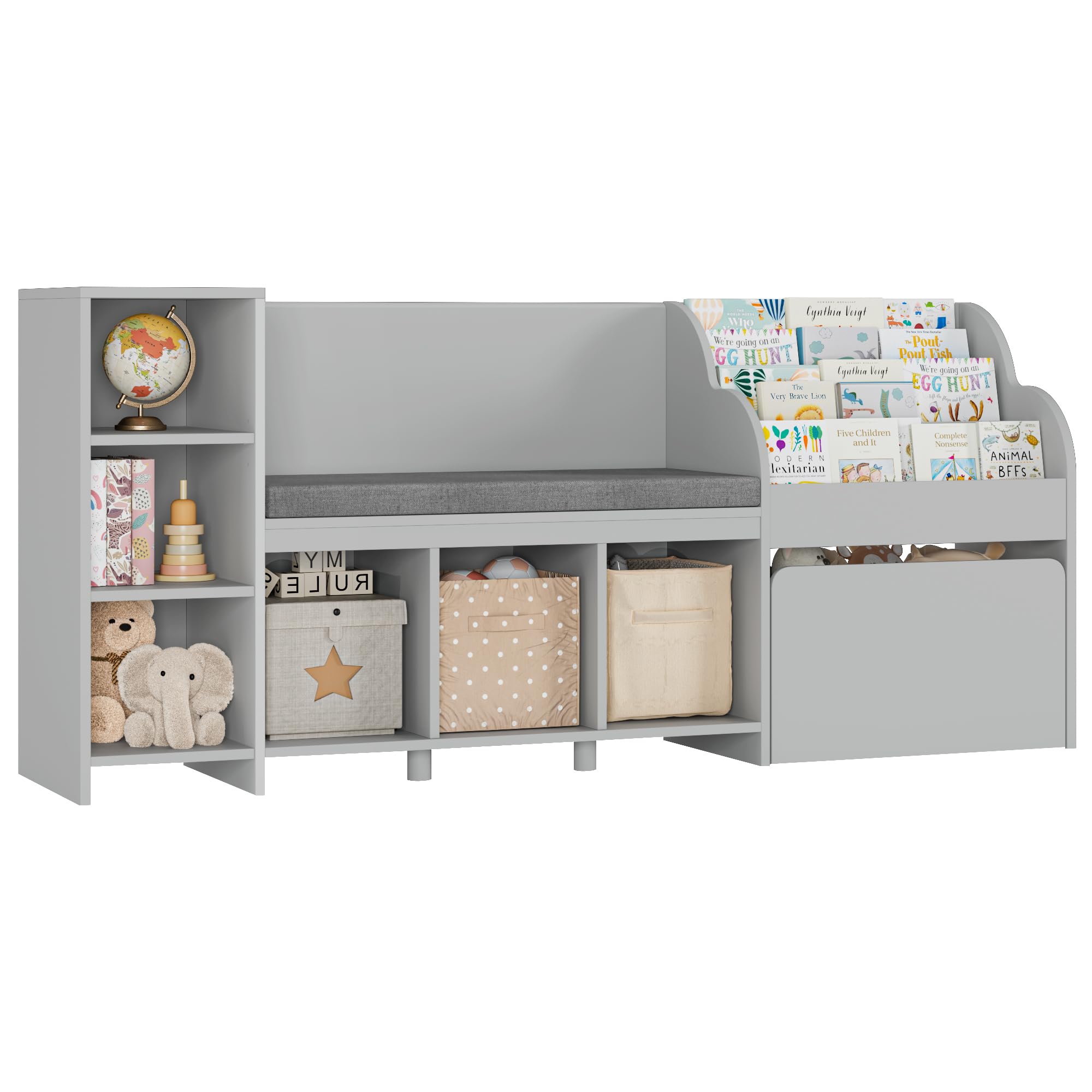 Kids Reading Nook with Bench and Toy Storage Organizer
