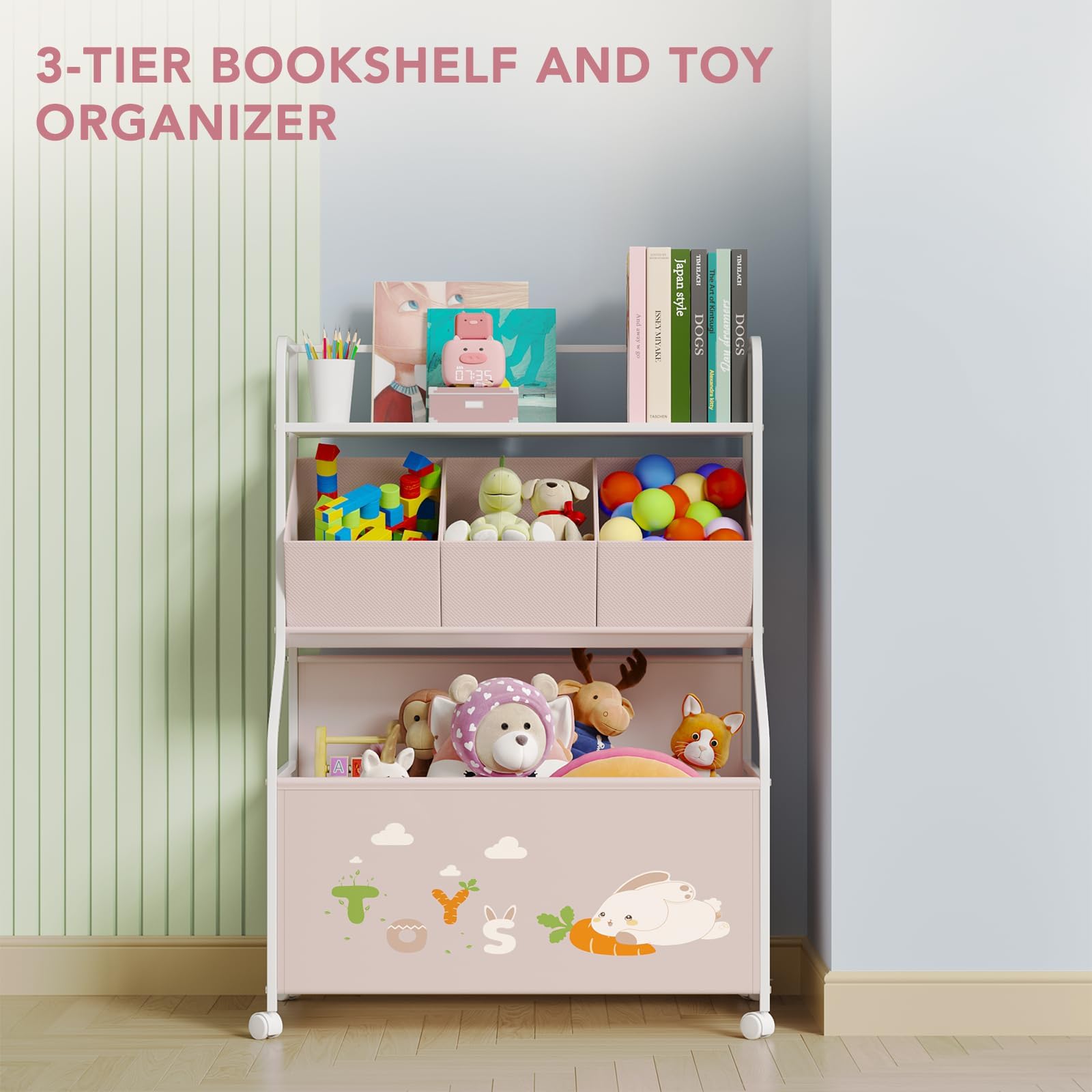 3-Tier Toy Storage Organizer with Wheels and Bookshelf