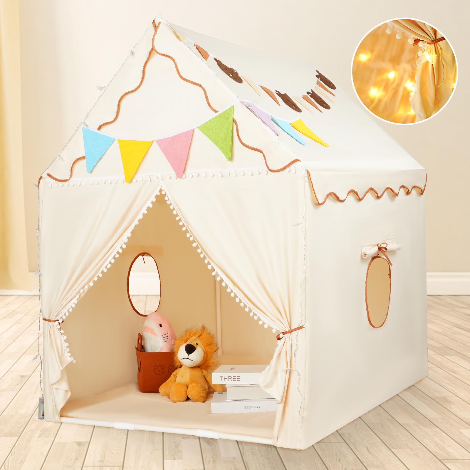 Large Kids Play Tent House with Star Lights, Colorful Flags, Padded Mat & Felt Basket, Indoor Outdoor Playhouse for Boys & Girls Tent Playhouse, 53x51x39 inch (Battery Not Include)
