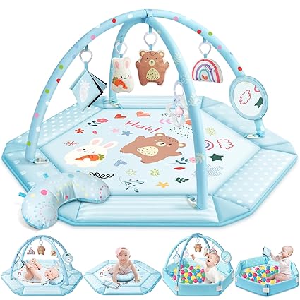 Baby Gym Play Mat, 8-in-1 Tummy Time Mat & Ball Pit with 6 Toys,