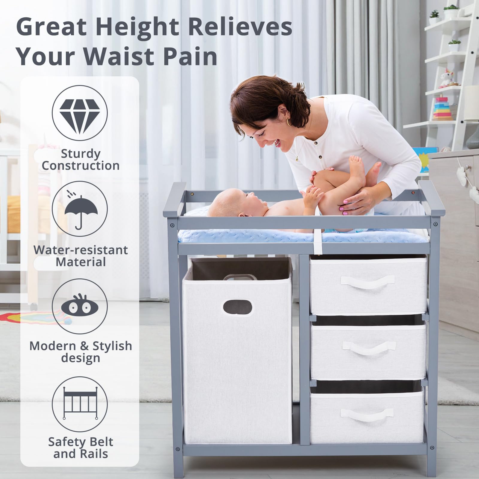 Baby Changing Table with Storage Baskets and Hamper