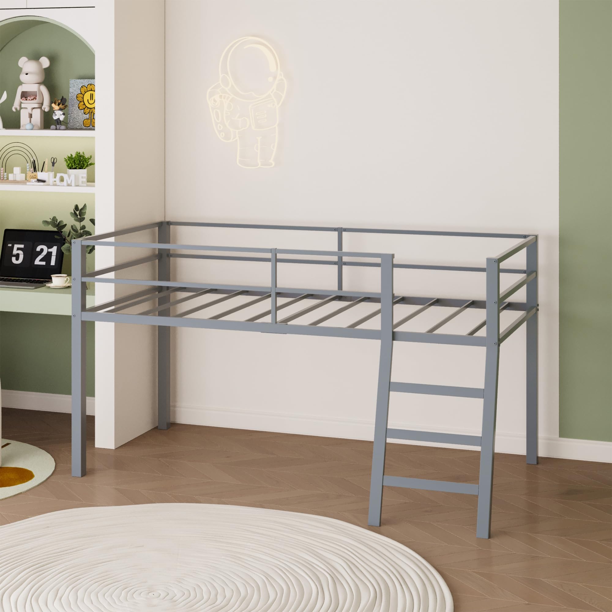 Low Metal Twin Loft Bed with Ladder and Guardrail for Kids or Teens