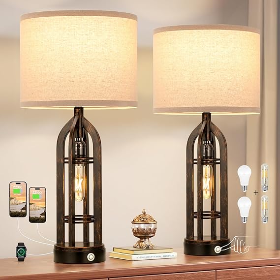 Table Lamps for Living Room Set of 2 - Black Bedside Lamp for Bedroom