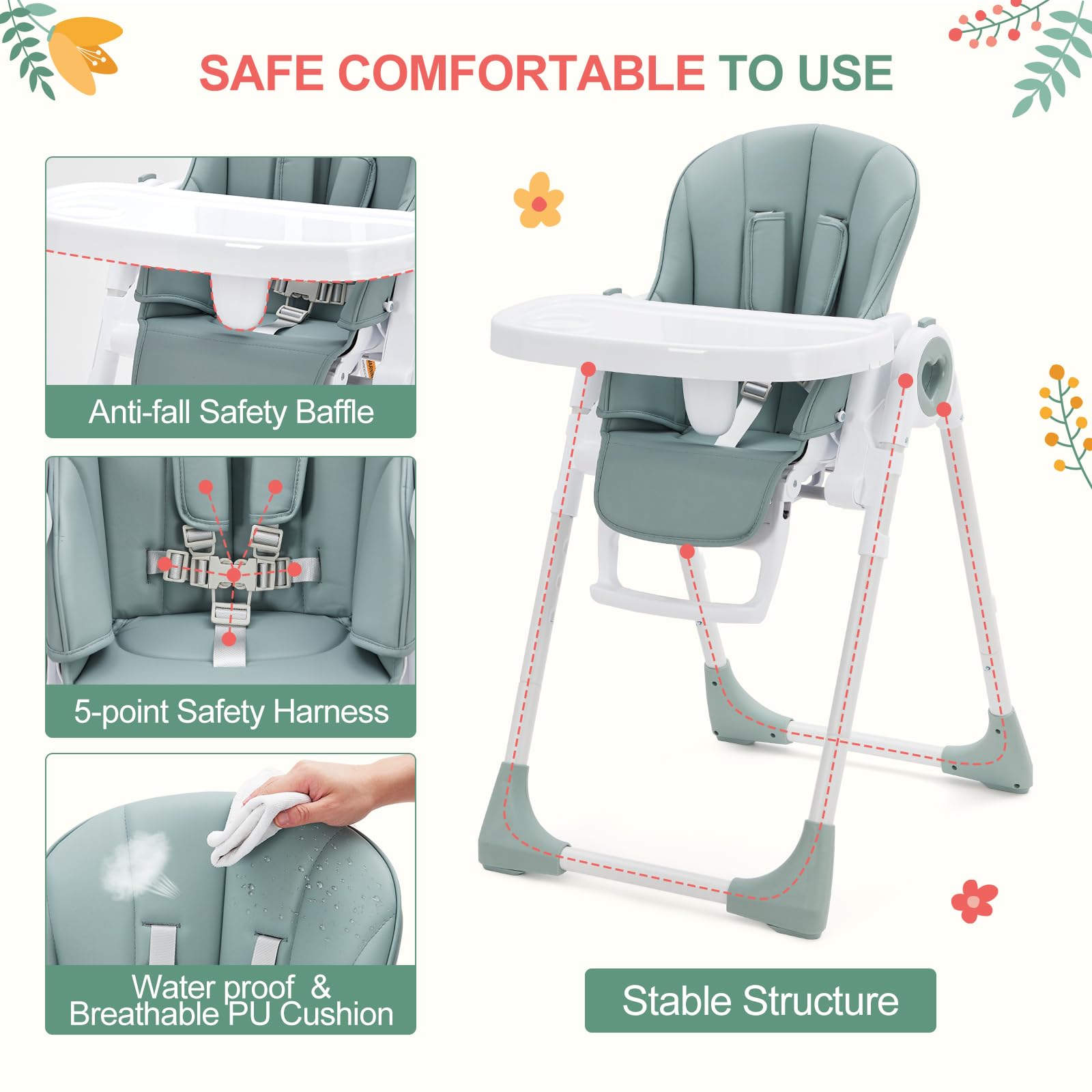 Foldable Baby High Chair with Adjustable Height and Removable Double Tray