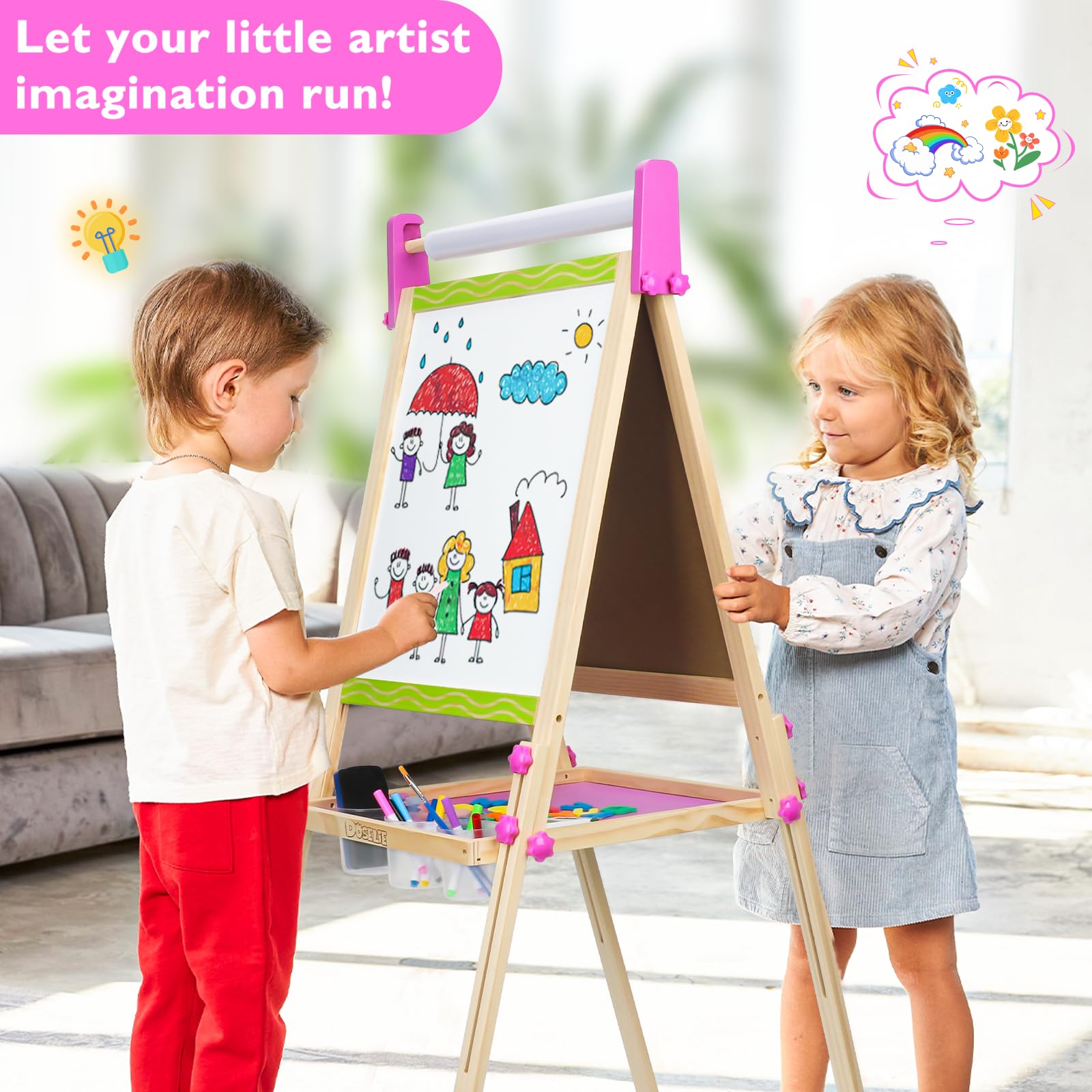 Adjustable Double-Sided Kids Art Easel with Paper Roll