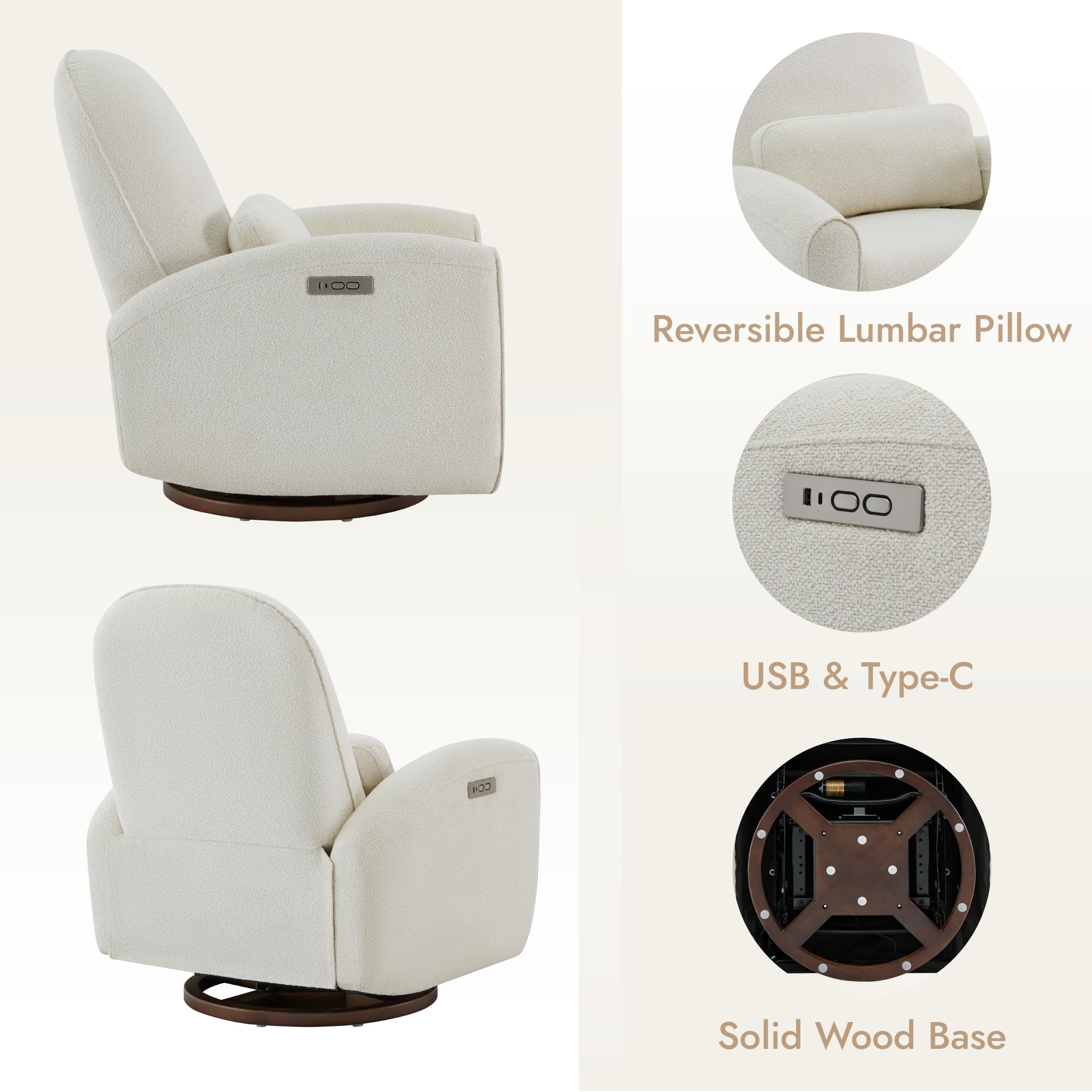 Power Recliner Chair with Swivel & USB Charging